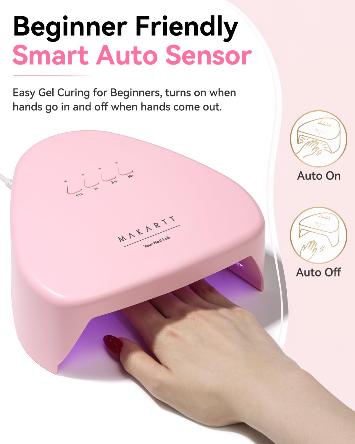 Makartt Compact Travel UV Nail Lamp for Gel Polish, Plug-in Nail Dryer with 5s Flash Cure, 99s Mode for Dark Thick Gels, Auto Sensor, 4 Timers & 18 LED Beads for Beginner Home DIY Gift (Pink)