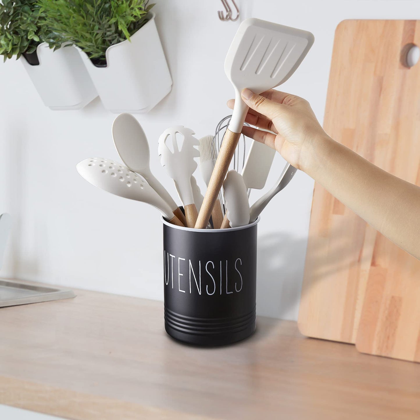 Kitchen Utensil Holder, 6.7" Utensil Holder for Kitchen Counter, Cooking Utensil Crock with Cork Bottom, Modern Farmhouse Decor, Countertop Utensil Storage Organizer Caddy, Black