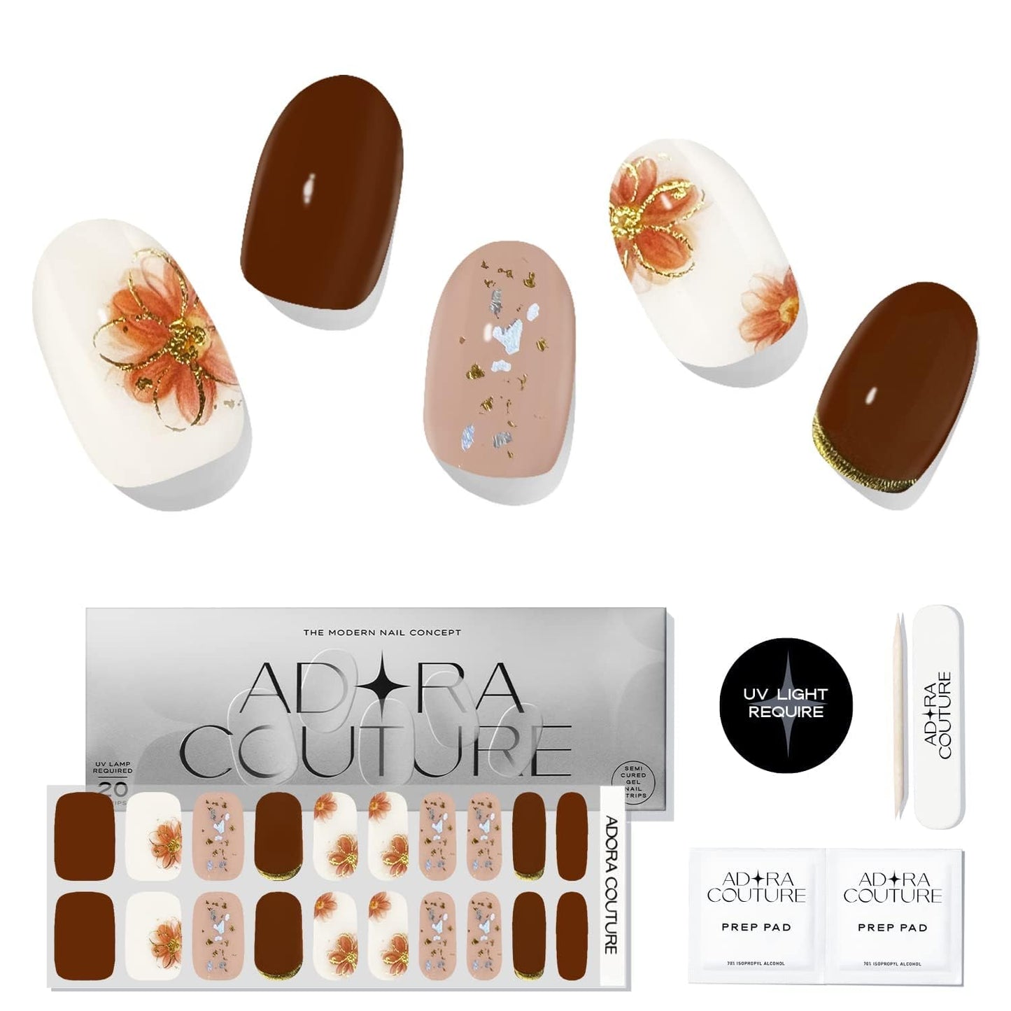 Semi Cured Gel Nail Strips with 30 Pieces – UV Gel Nail Stickers & Nail Wraps, Complete Manicure Kit Includes Prep Pads, Nail File and Wooden Stick, Easy Application, UV Light Required (Gilded Flower)