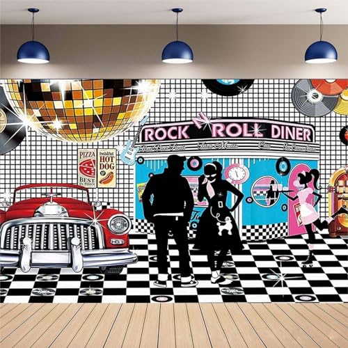 Disco Retro Style Photo Backdrop - 50's Rock Roll Prom Dance Birthday Diner Party Decor - Classic Car Party Decoration Banner, 7x5FT