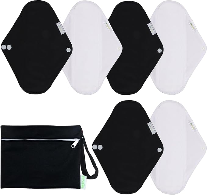 Wegreeco Reusable Menstrual Pads - Soft Cloth Sanitary Pads & Panty Liners - 6 Pack with 1 Cloth Mini Wet Bag (Small, Black, White)