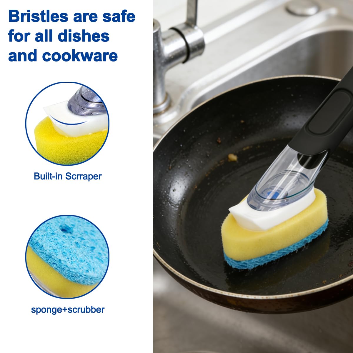 CELOX Dish Sponge with Handle, Soap Scrubber for Kitchen Cleaning