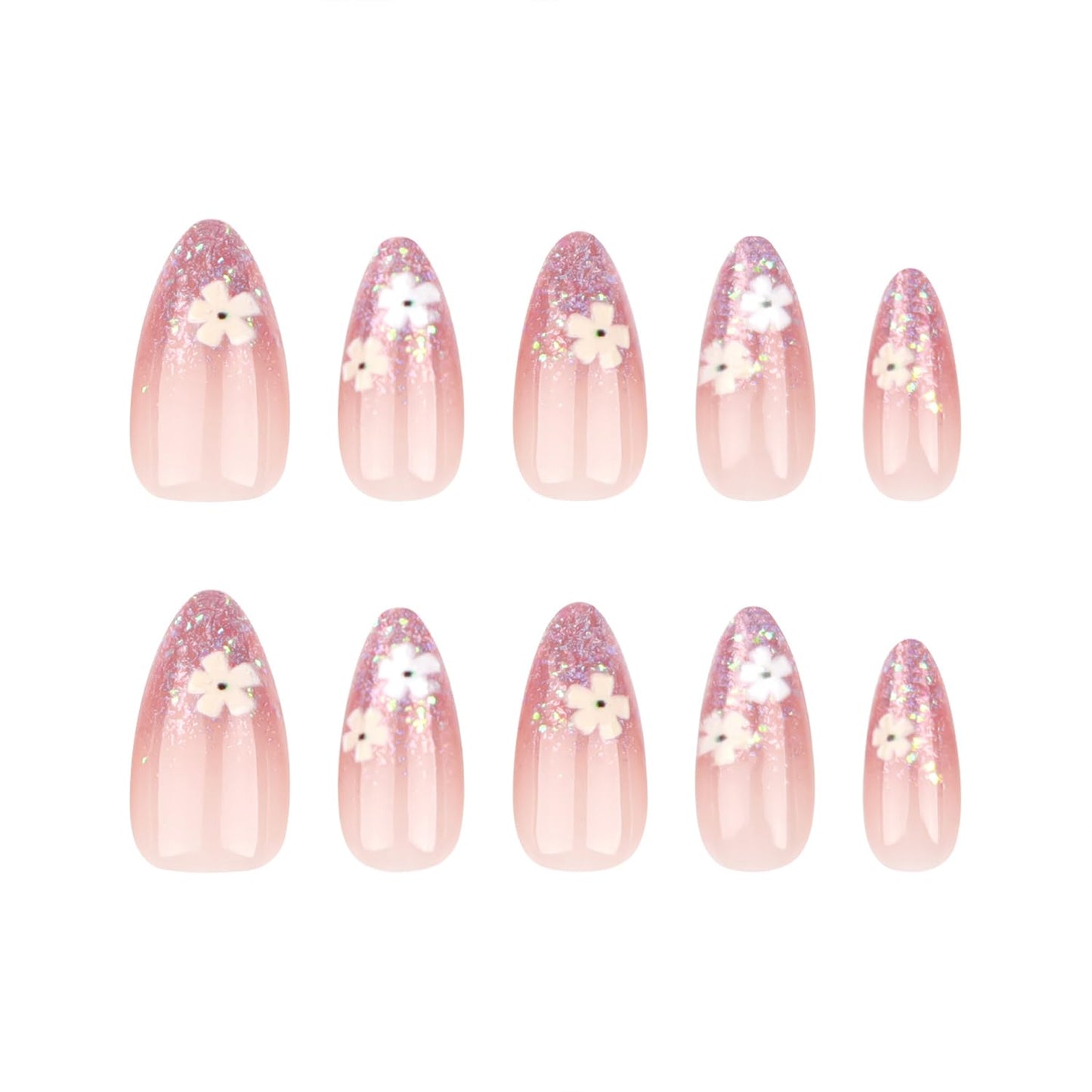 Spring Press on Nails Short Almond Fake Nails with White Flower Glitter Designs Nude Pink Nails Press ons Glossy Full Cover Glue on Nails Reusable Acrylic Artificial Nails for Women