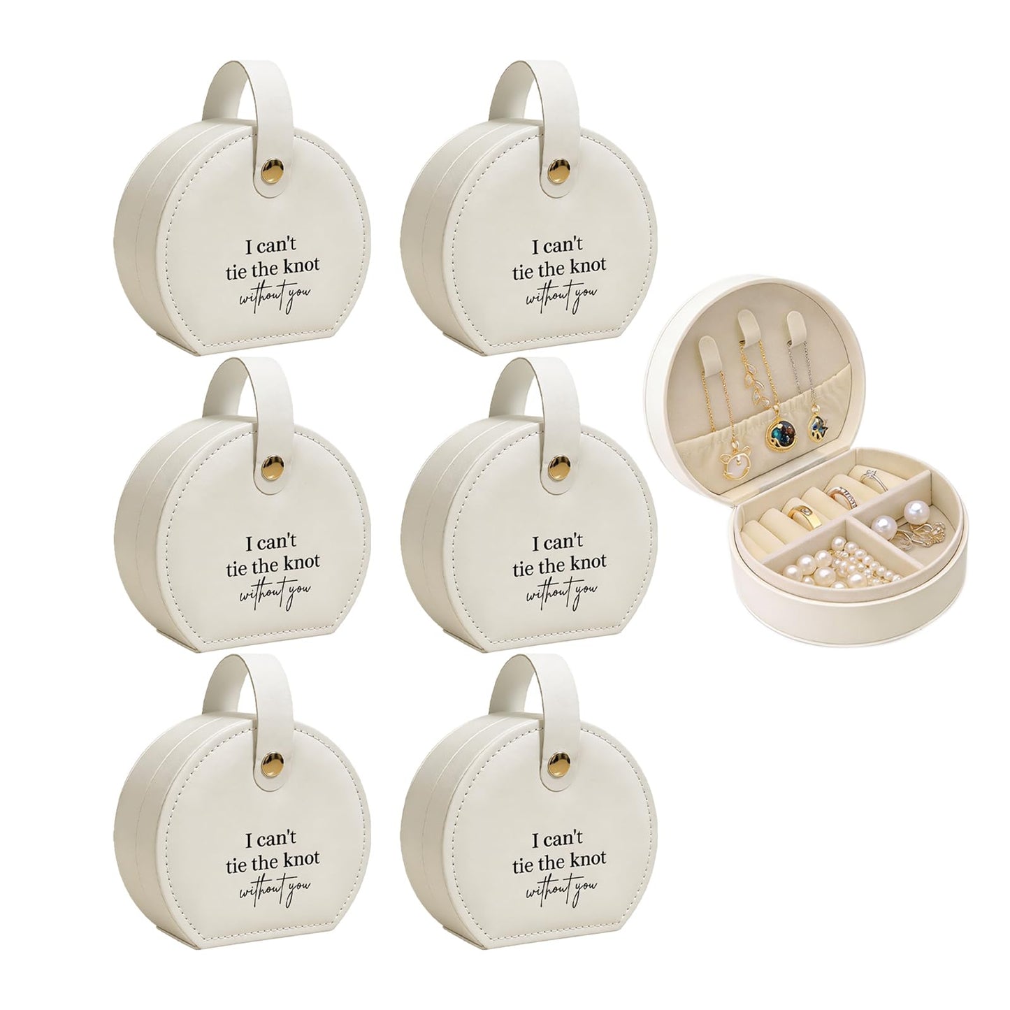 FITVOLL Bridesmaid Proposal Gift Boxes Set of 6, Travel Jewelry Case, White Leather Jewelry Organizer with Handle, Wedding Party Gift – 6 Pack