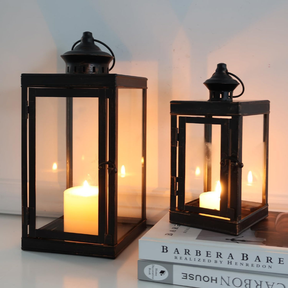 DECORKEY Large Lantern Decorative Outdoor & Indoor, Set of 2 (14’’&10’’) Metal Candle Lanterns Decor, Vintage Hanging Candle Holder for Front Porch Patio Wedding Farmhouse Home, Spring Decoration