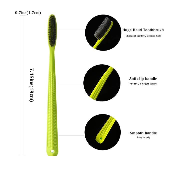 EasyHonor Huge Head Toothbrush, with Medium Soft Britles for Adult. (Charcoal Bristles,8 Packs)