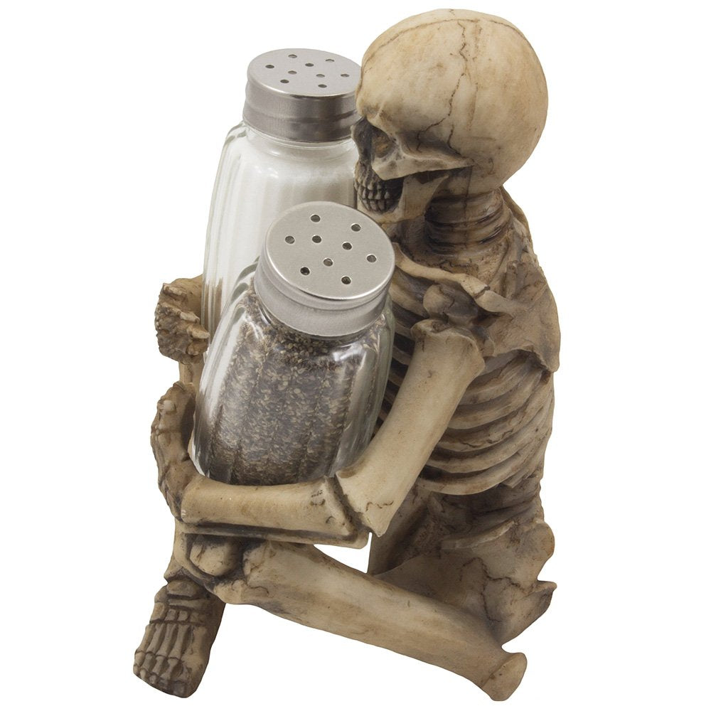Scary Skeleton Glass Salt and Pepper Shaker Set with Decorative Spice Rack Display Stand Holder Figurine for Spooky Halloween Party Decorations and Skulls & Skeletons Kitchen Décor As Gothic Gifts