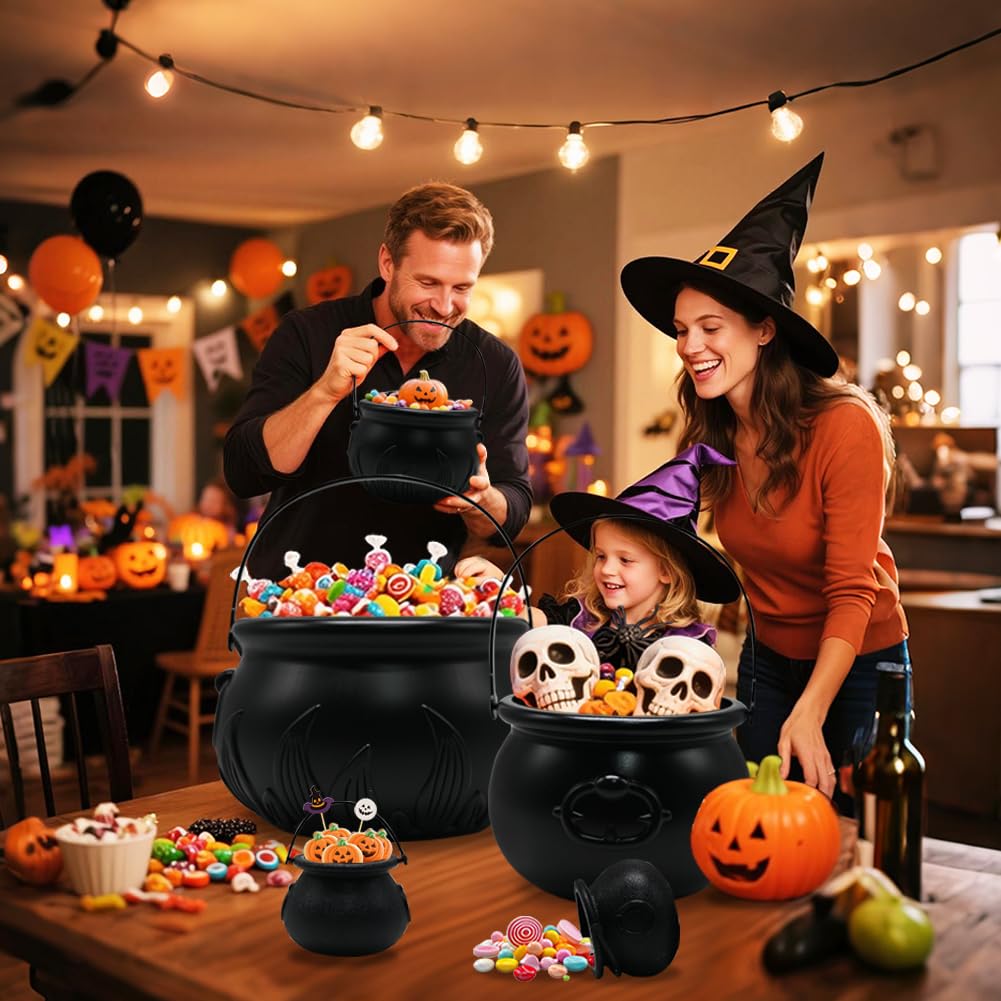 Witch Cauldron Halloween Decoration, 10 in 1 Package Large Black Plastic Candy Bowl Set, Cauldron Kettle Candy Holder Containers for Halloween Party Decor & Trick-or-Treat Bowl