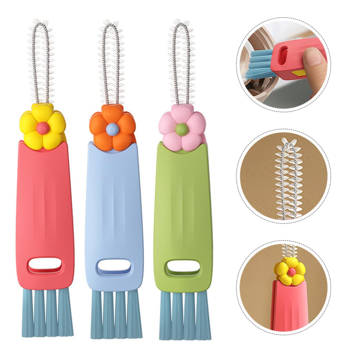 Lurrose Multi-Function Groove Brush Lid Cleaner Set with Hanging Handle, Small Flower Design, Bottle and Cup Crevice Cleaning Brush for Daily Household Use, 3pcs Kit