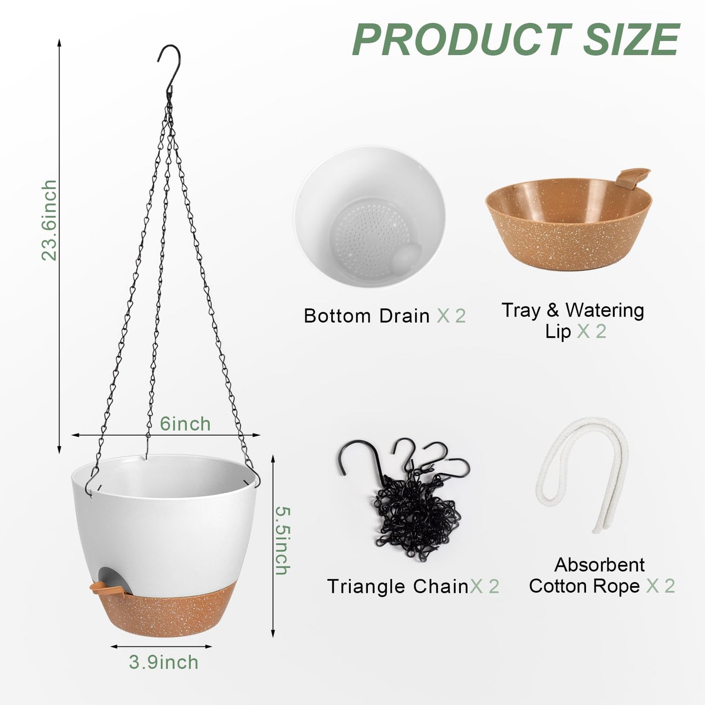 Vanslogreen Hanging Planters for Indoor Outdoor Plants, 2 Pack Self Watering Hanging Pot with Drainage Holes & Removable Tray (White, 6'')