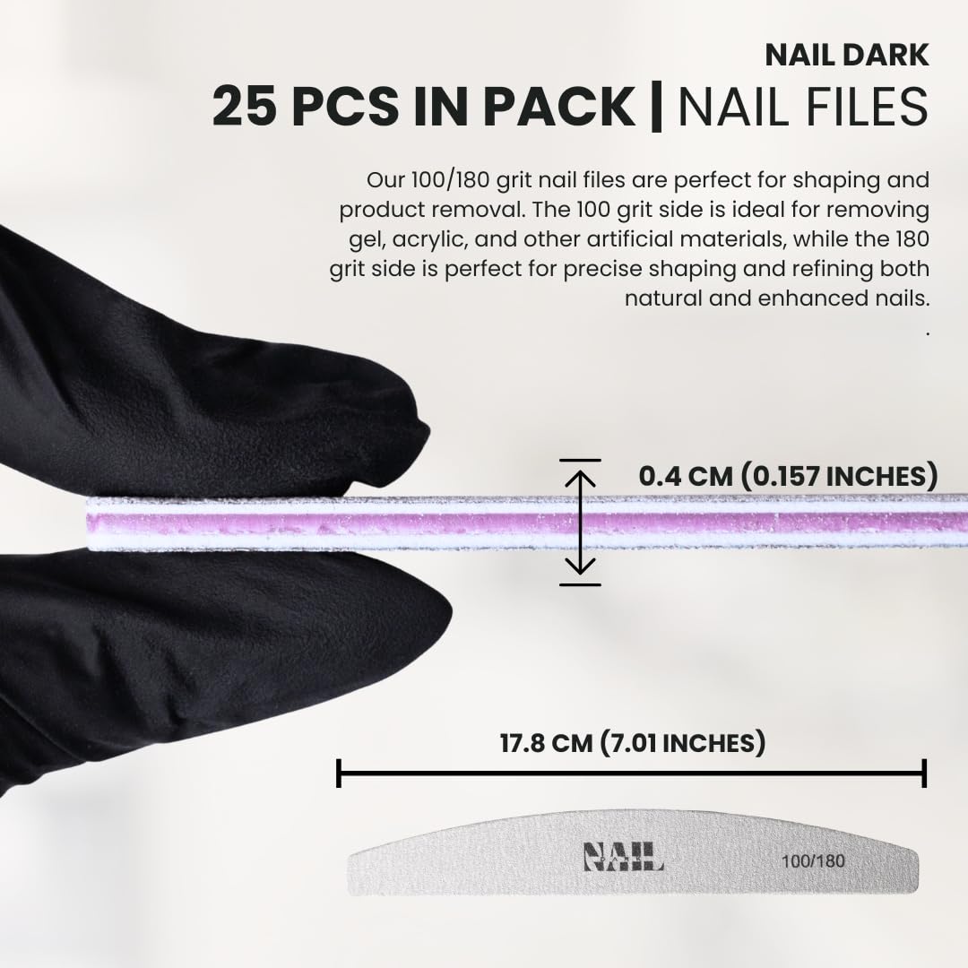 Nail Dark Professional Nail Files 100/180 Grit (Pack of 25) | Ultra-Thin Dual Sided Emery Boards for Manicure & Pedicure | Strong, Flexible Salon Grade Nail Shaping Tools (Pack of 25)