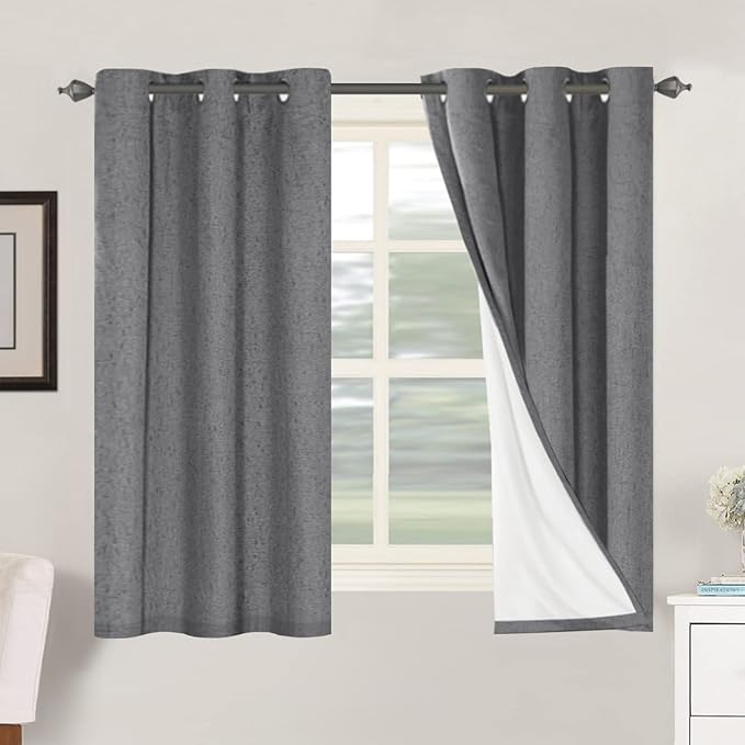 H.VERSAILTEX Primitive Linen Curtains 100% Blackout Curtain Drapes Burlap Fabric Curtains with White Thermal Insulated Liner, Grommet Top Drapes Living Room/Bedroom (2 Panels, 42 x 54 Inch, Grey)
