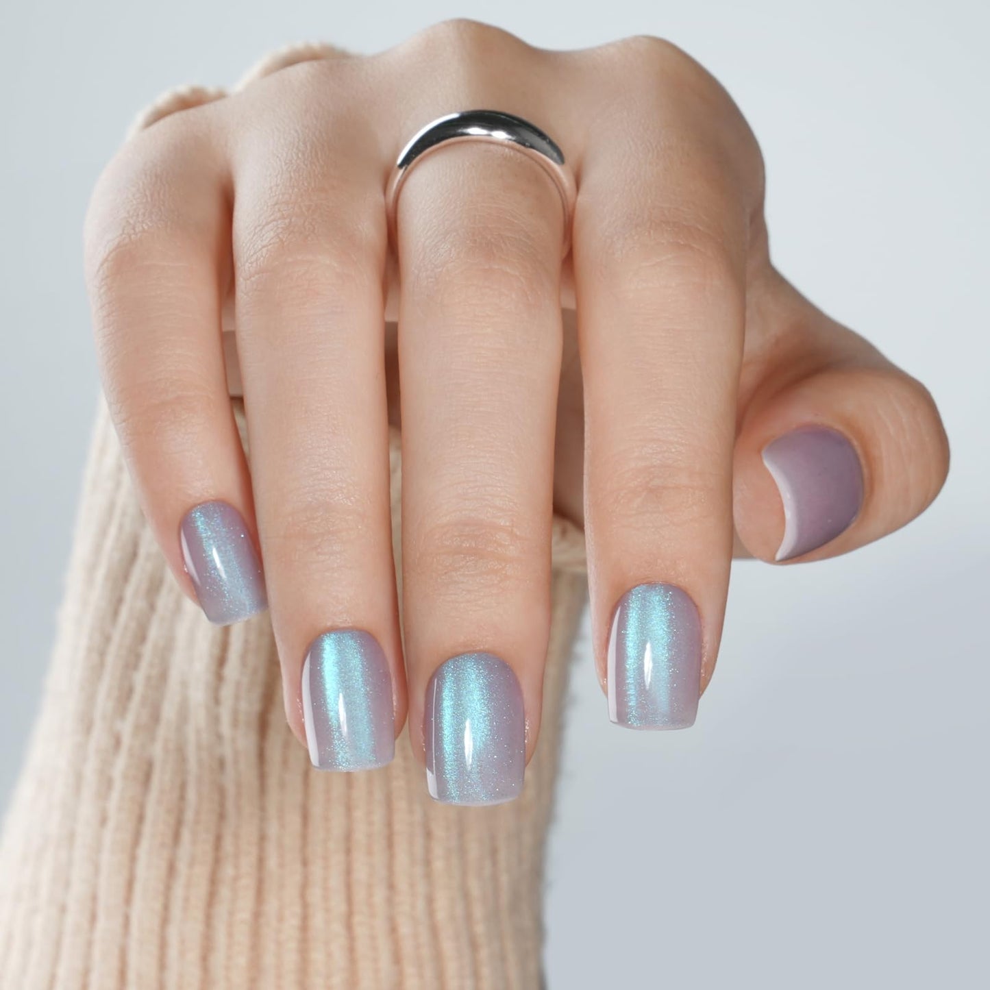 Silver Gray Cat Eye Press On Nails - Short Square Blue Magnetic Cat Eye Press On Nails, Reusable Fake Nails Kit with Nail Glue, 30PCS 15 Sizes