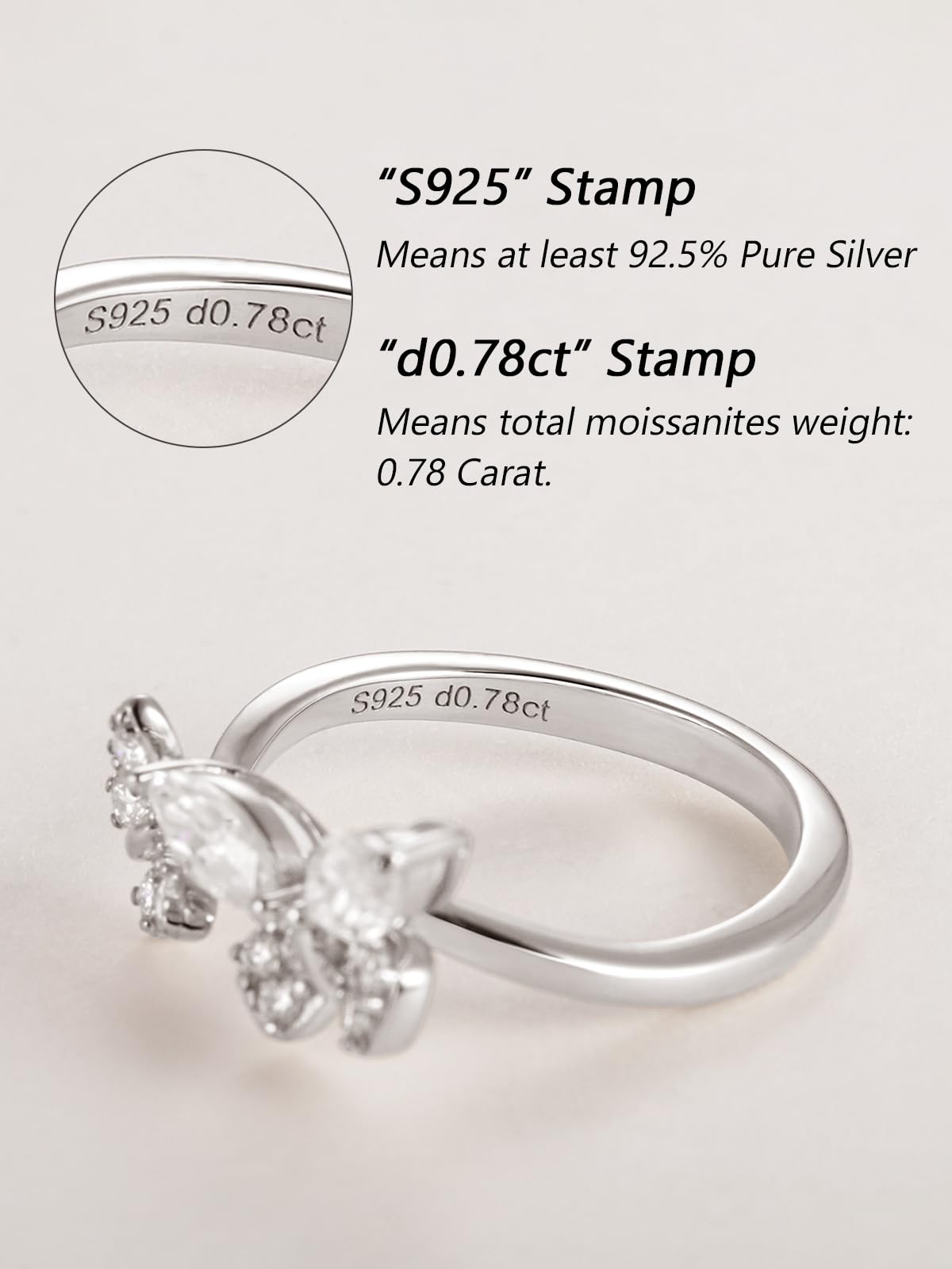 CYW Moissanite Butterfly Ring Sterling Silver Adjustable Womens Stacking Open Rings Size 9