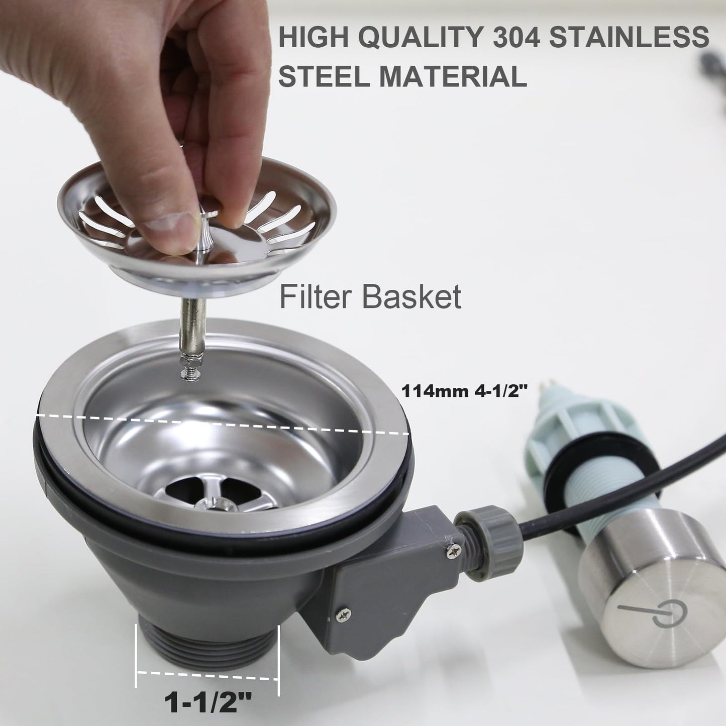 QruiLanTu 4 1/2'' Kitchen Sink Drain Assembly with Push Button Control,Stainless Steel Basket Strainer Kit with Overflow, Flexible Drain Hose for kitchens and bathrooms