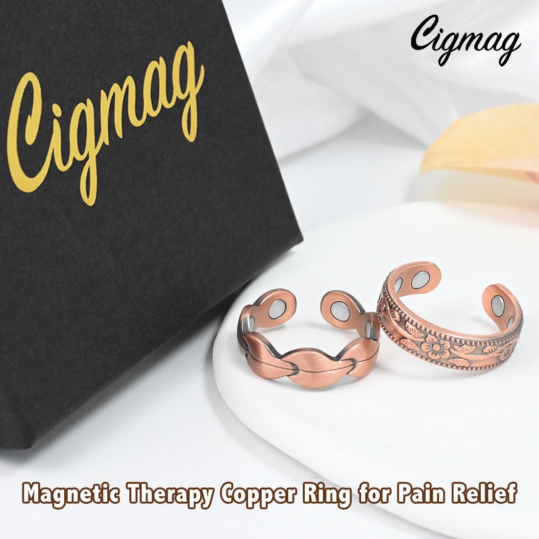 Cigmag 9X Magnetic Rings for Women, with Powerful Magnets, Adjustable Solid Pure Copper (Copper Plum & Fishtail)