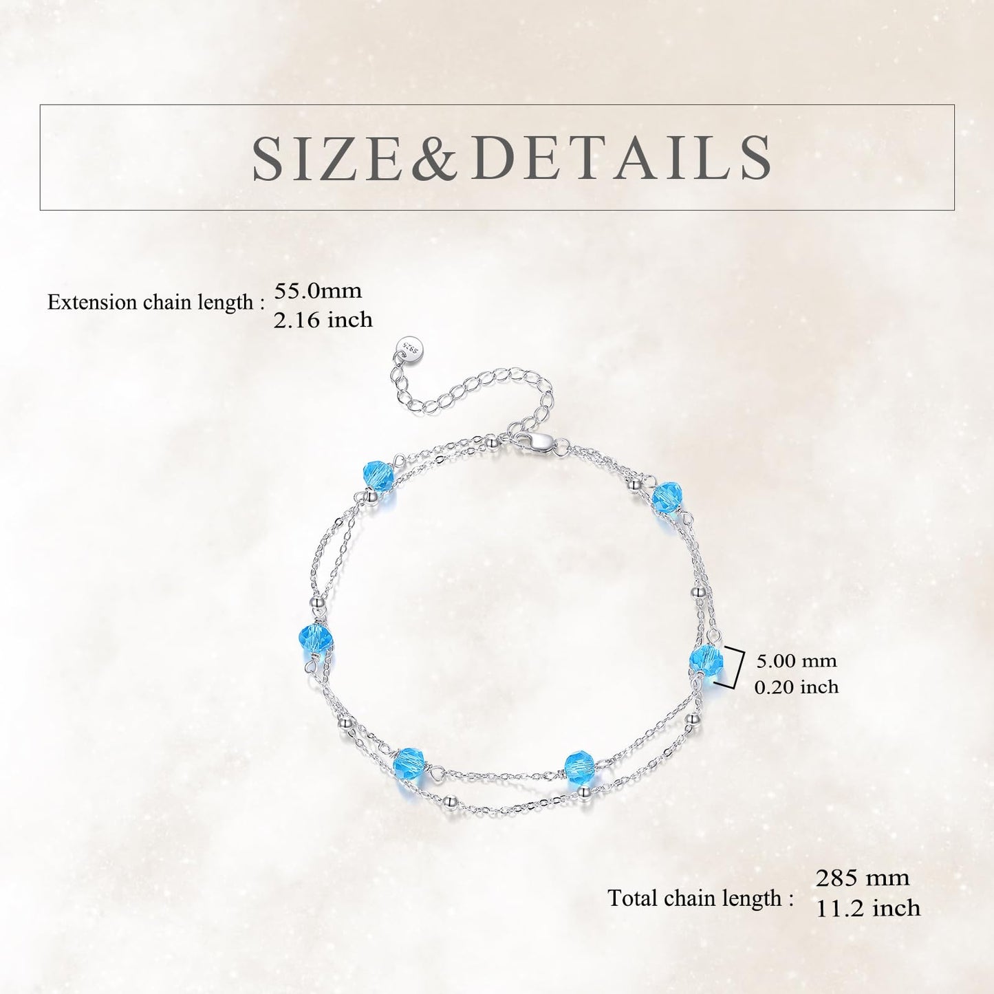 CRMAD March Birthstone Anklet Anklet for Women Sterling Silver Beach Jewelry Gift for Women (mar, anklet 9+2'')