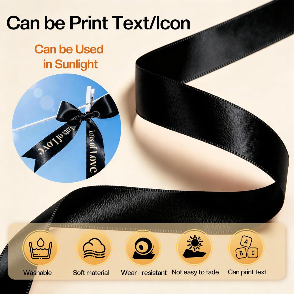 Phomemo A30 P15 Exclusive Embellish Gold Print on Black Satin Ribbon, Fabric Ribbons for Gift Wrapping, Wedding Bouquets, DIY Crafts, Valentine's Day, Party Decor, 12mm x 5m, 2 Packs