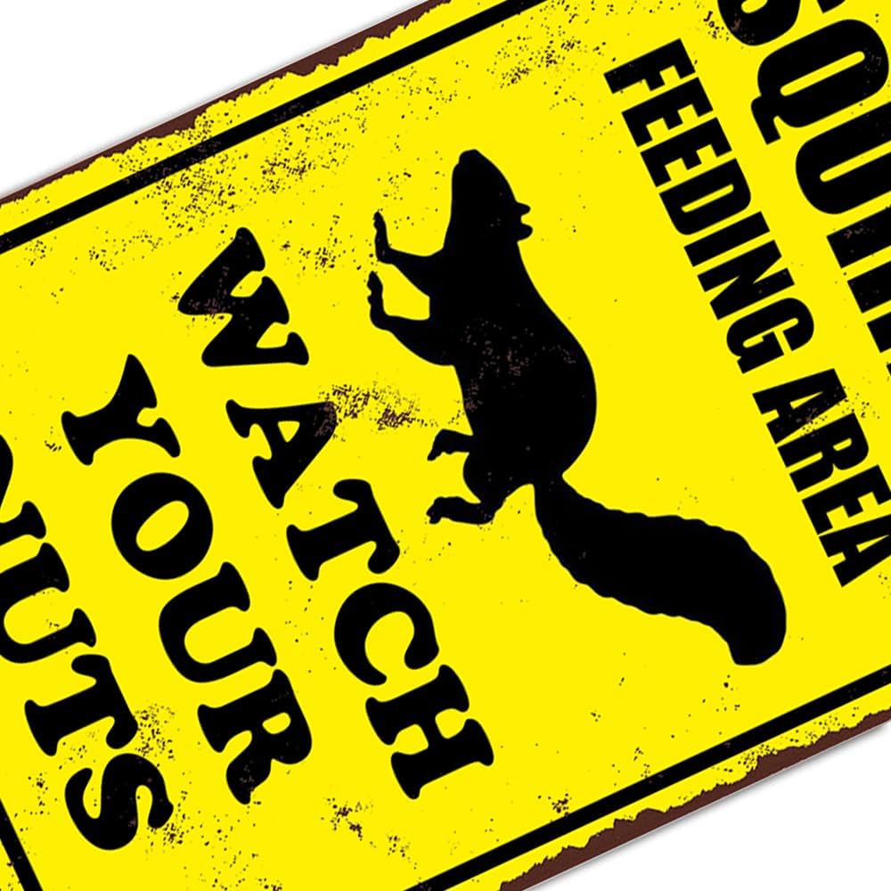 Squirrel Sign Funny Metal Sign Squirrel Feeding Area Watch Your Nuts Signs Vintage Tin Sign For Home Outdoor Garage Wall Decoration 8x12inch