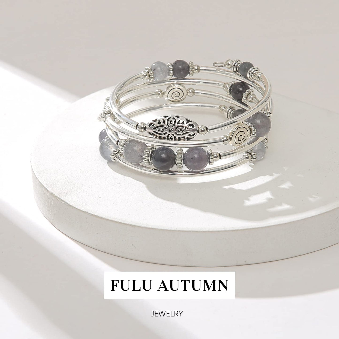FULU AUTUMN Stackable Beaded Bracelets for Women Boho Wrap Silver Bracelet Layered Fashion Jewelry Gifts for Her(17-Grey)