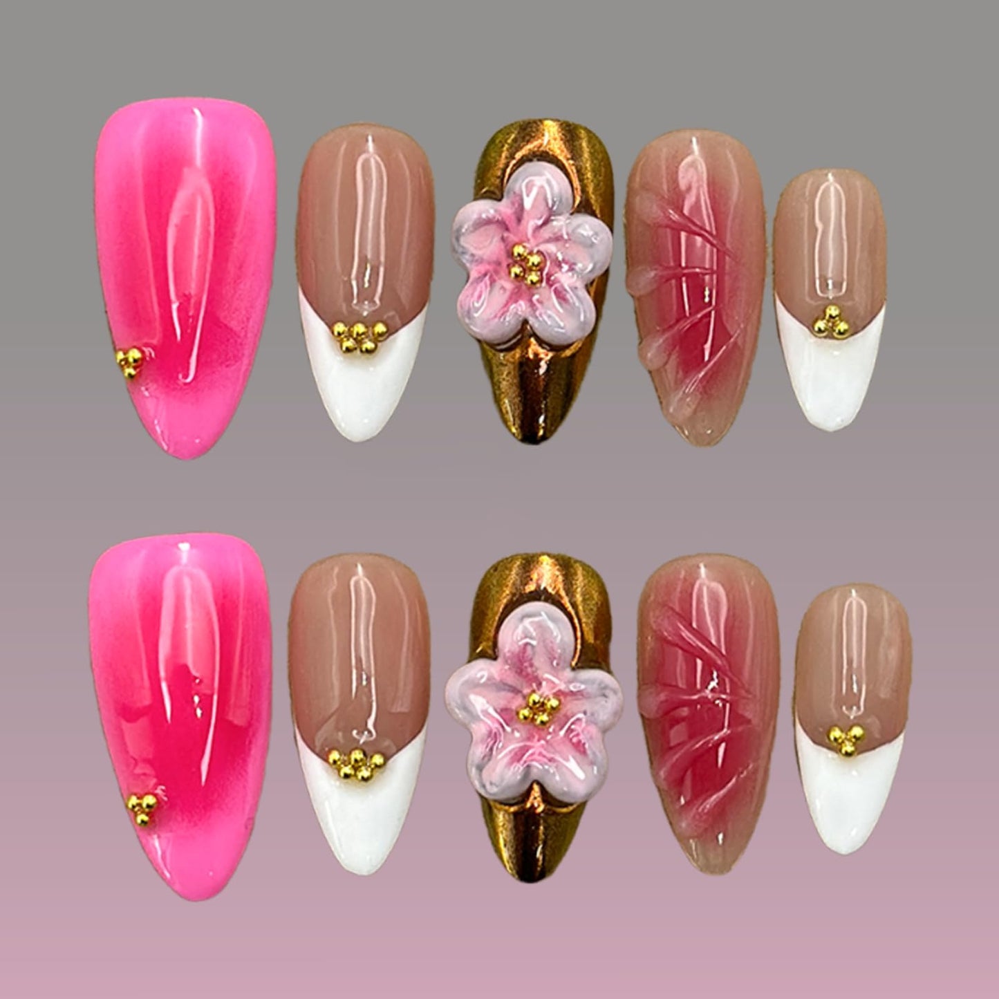 Luxury Press on Nails Medium Almond Handmade 3D Unique Reusable ABS Material Fake Nails White French Tip False Nails with Designs Pink Flower Art Petal Glossy Glue on Nails Thick Acrylic Nails(M)