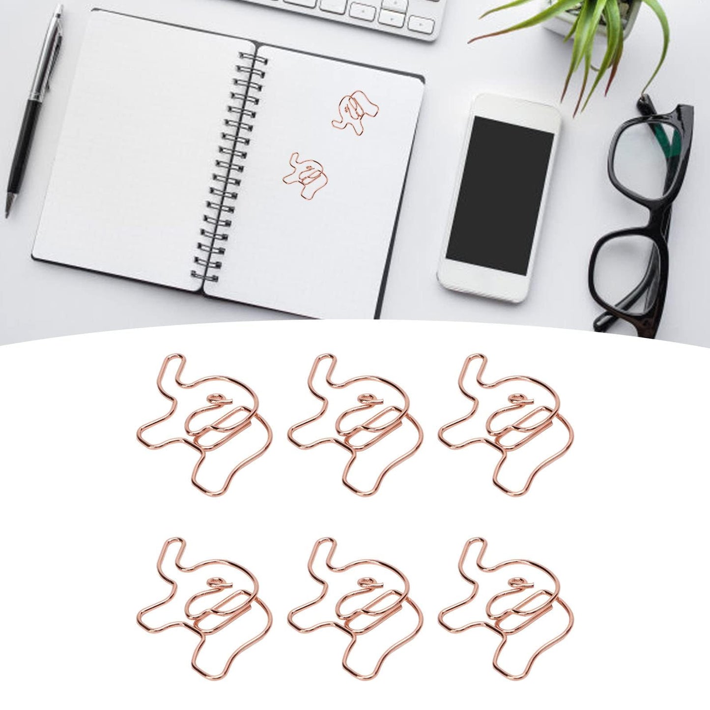 100PCS Rose Gold Cute Paper Clips, Smooth Steel Wire Paperclips Elephant Shaped Paper Clips Decorative Paperclips for Office School Supplies