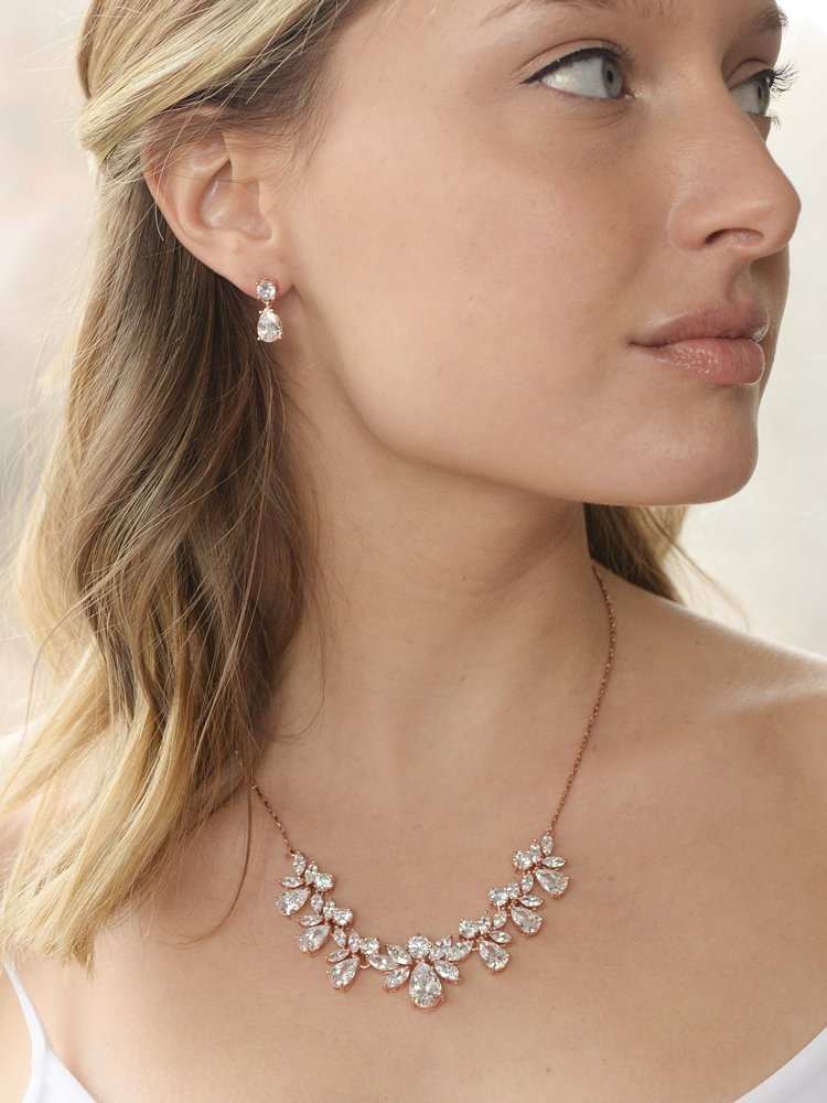 Mariell Rose Gold Multi-Shaped Cubic Zirconia Necklace & Earring Wedding Jewelry Set For Women and Brides