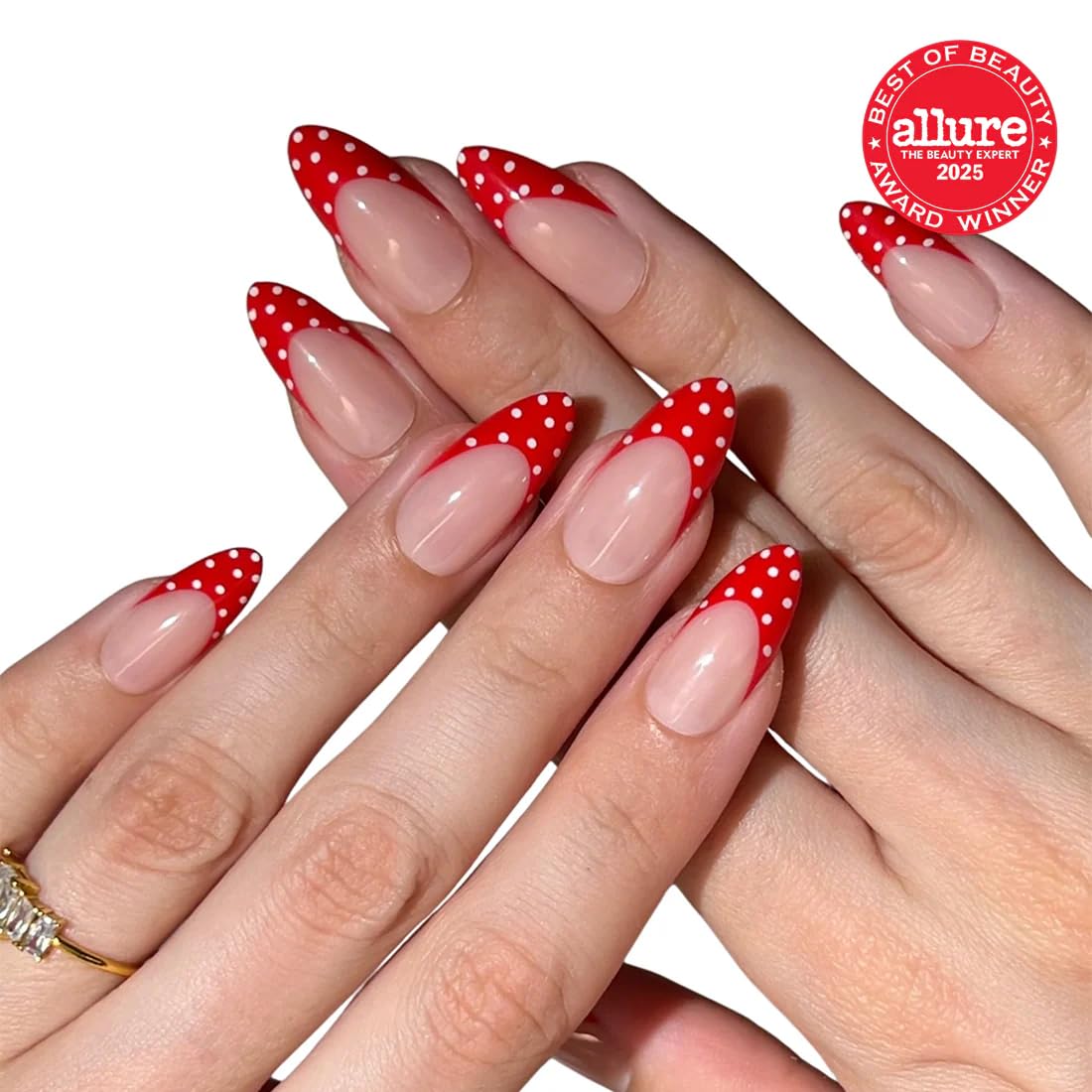 PaintLab Press On Nails - Red Polka Dot Almond Fake Nails, 30 Nails in 15 Sizes with Glue, Reusable Salon Quality Polka Dot Press On Nails