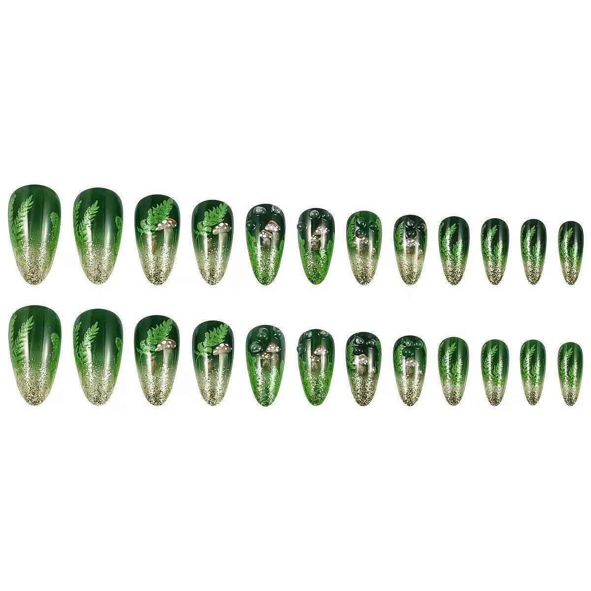 24Pcs Almond Press on Nails Medium Length Fake Nails Summer Leaf Green False Nails with Glitter Designs Mushroom Glue on Nails Full Cover Glossy Stick on Nails Cute Acrylic Fake Nails