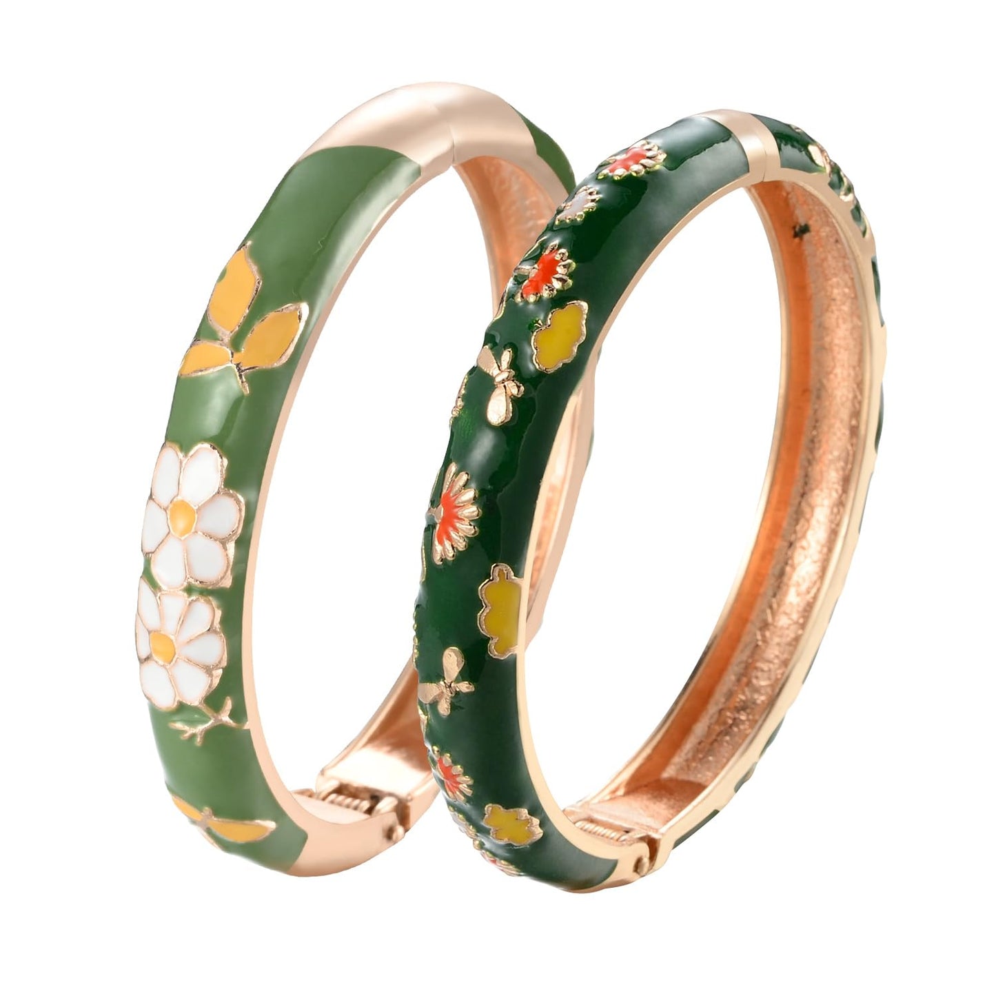 UJOY Gorgeous Bracelets Enameled Floral Cloisonne Gift Plated Cuff Bangles Jewelry Sets Box for Women 55A18-55A42 Green
