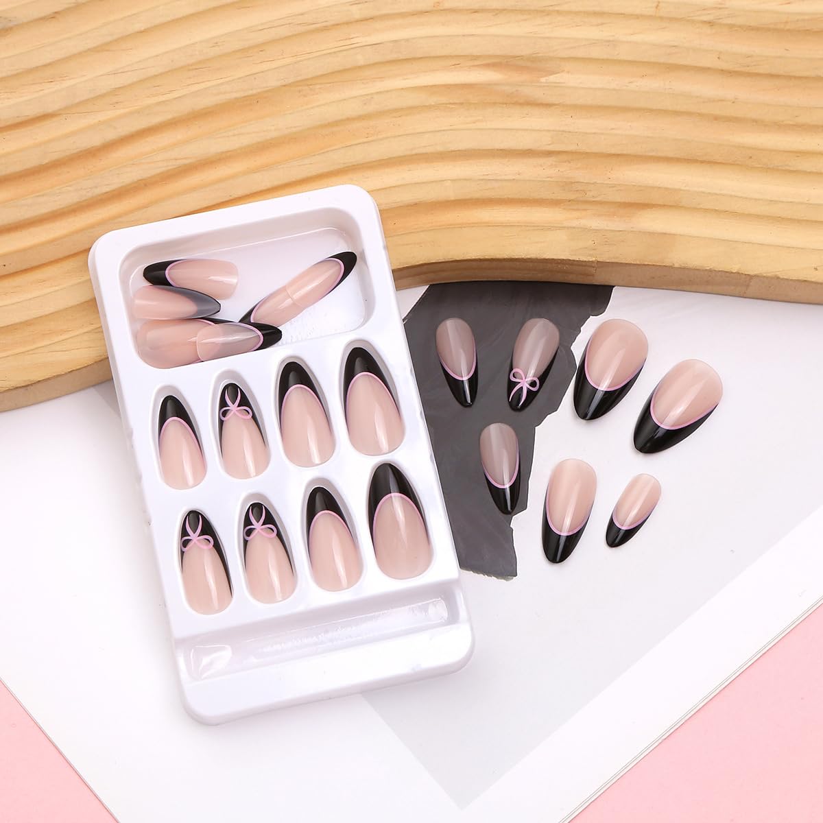 Medium Almond Press On Nails - Black French Tip with Bow Design, 24Pcs - Reusable, Easy Apply