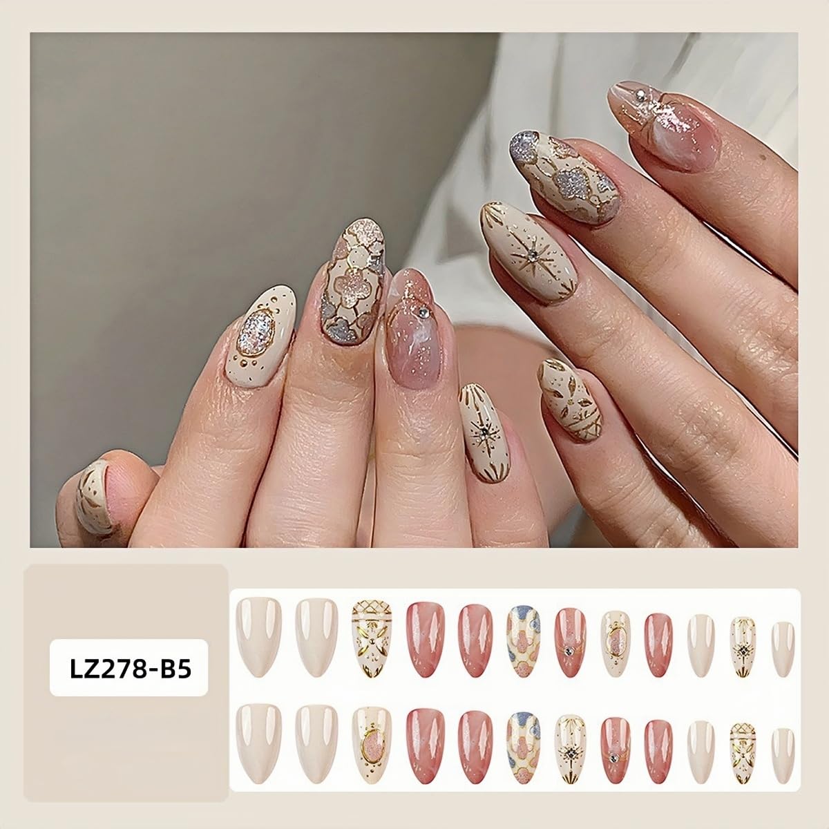 Medium Almond Press on Nails - Retro Fake Nails with Rhinestones | Star | Four-Leaf Clover Designs Glitter False Nails Reusable Full Cover Stick on Nails for Women Manicure 24Pcs