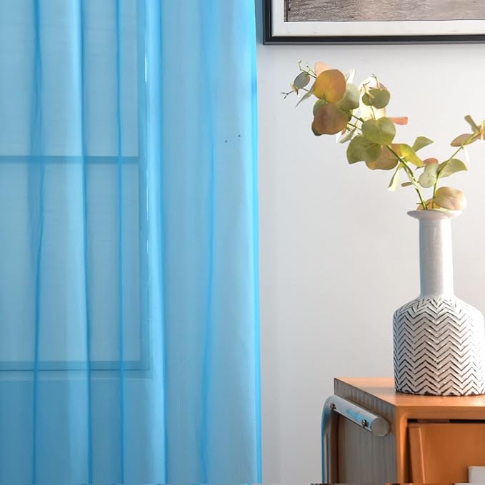 SpaceDresser Basic Rod Pocket Sheer Voile Window Curtain Panels Cyan Blue 1 Pair 2 Panels 52 Width 96 Inch Long for Kitchen Bedroom Children Living Room Yard(Cyan Blue,52 W x 96 L)