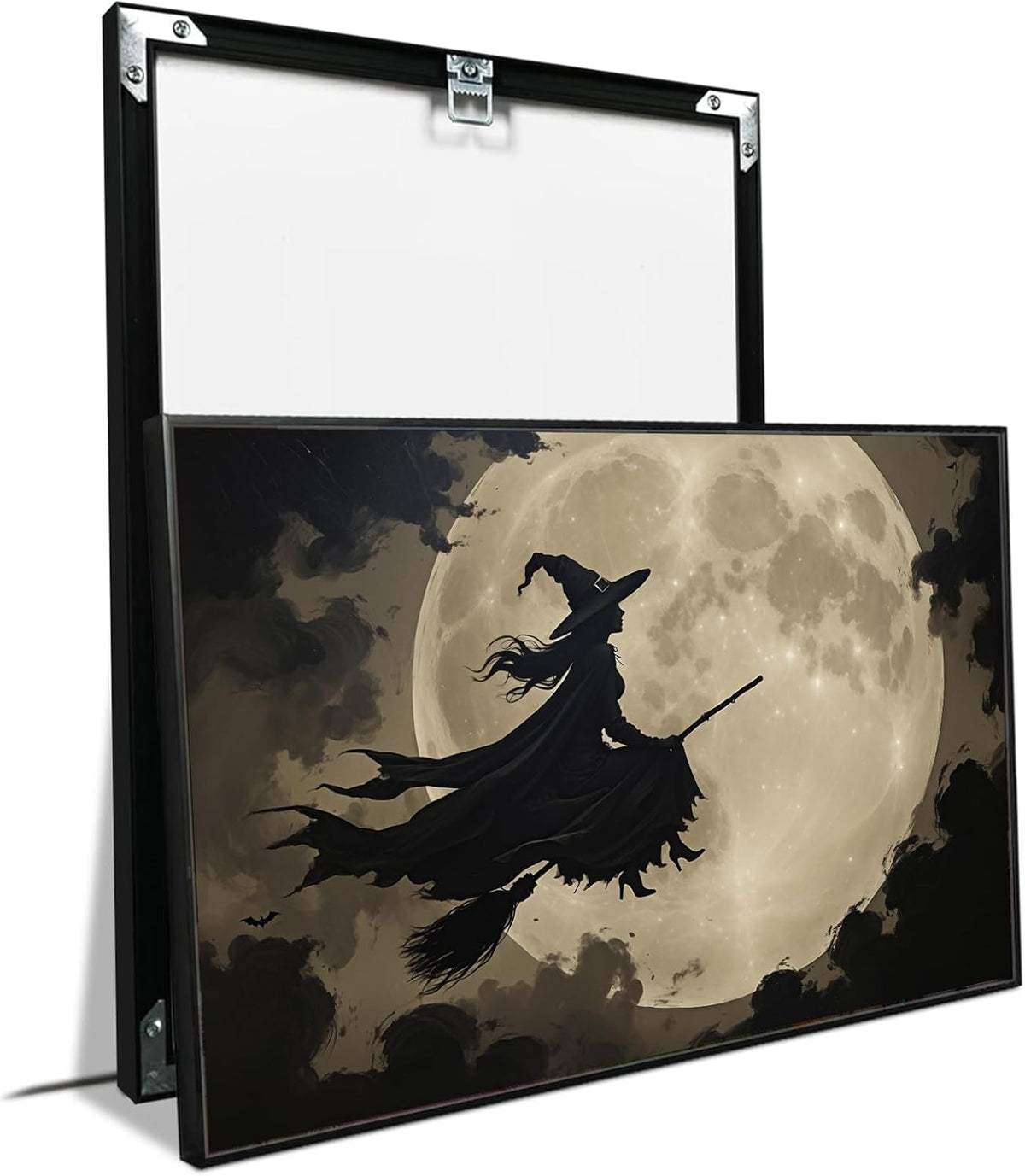 JFHCQJPK Full moon witch silhouette poster witch on magic broom Halloween mural poster decorative mural art suitable for home living room bedroom20x30in Metal blackFramed