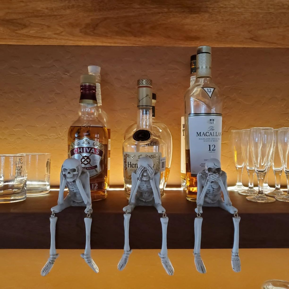 HOLIHIFI Halloween Skeleton Decor Indoor Hear See Speak No Evil Skeletons for Mantel Shelf, Set of 3 Resin Funny Skeleton Decorations