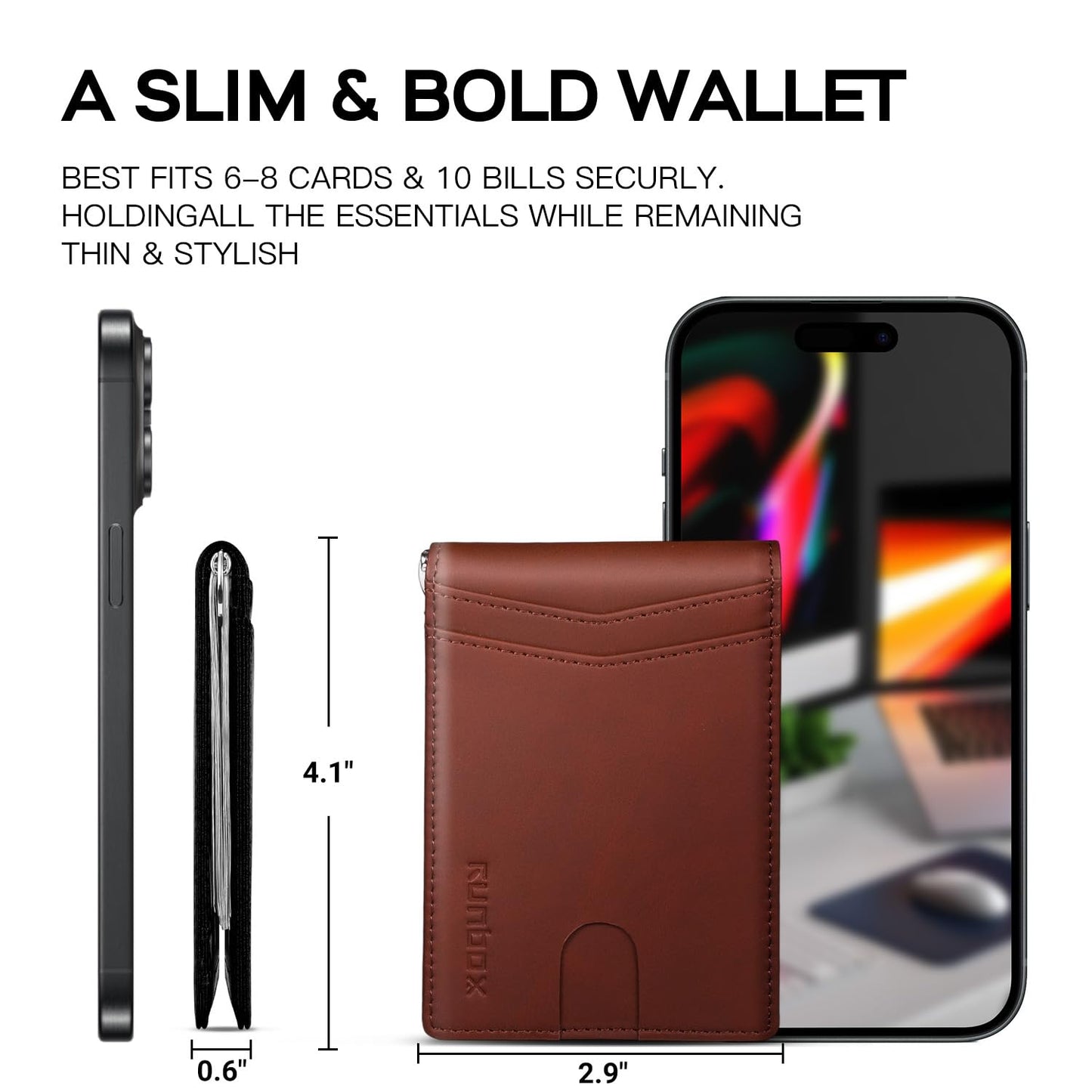 Slim Money Clip Wallets for Men RFID Blocking 8 Card Holder Minimalist Small Thin Carbon Leather Bifold Mens Front Pocket Wallet Gift Box(Canyon Red)
