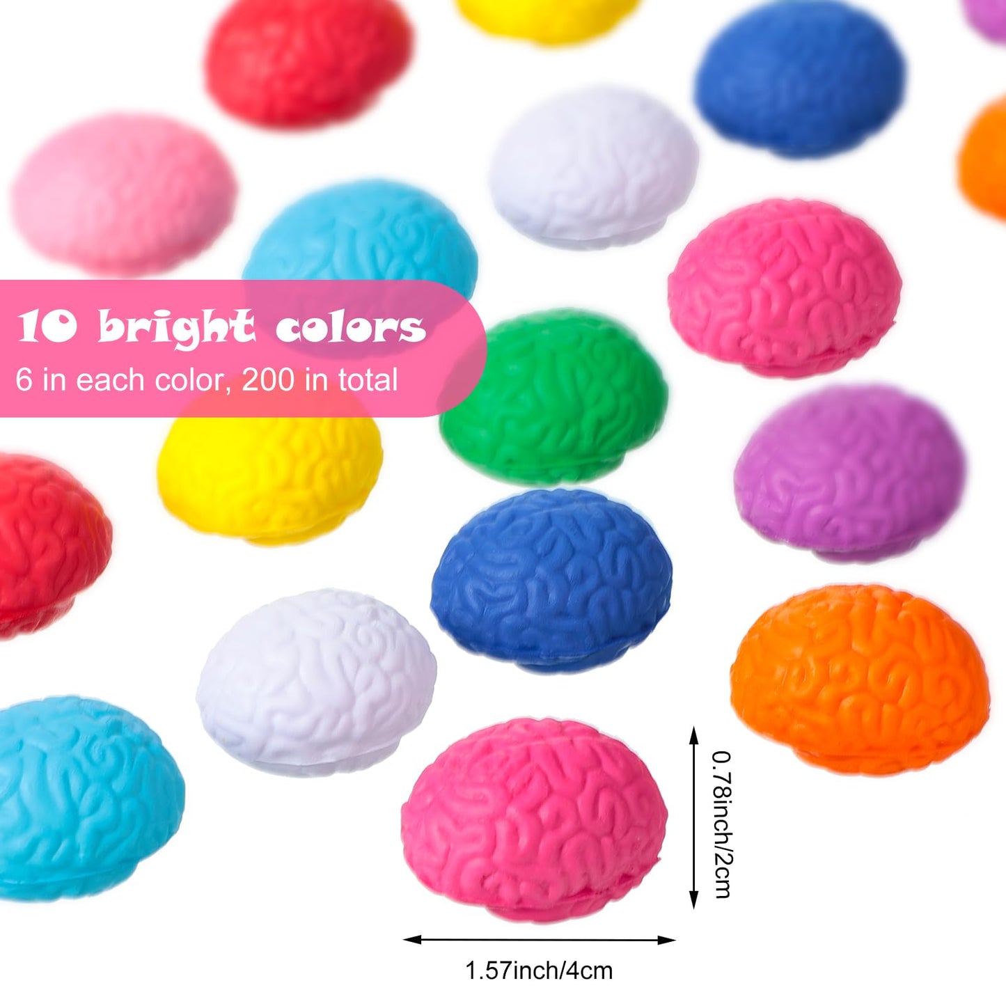 Lenwen 200 Pcs Brain Stress Ball Bulk Christmas Squeeze Mini Brain Shaped Toy 1.57 Inch PU Hand Pressure Ball for Teens Adults Release Stress Improving Grip Strength Recognition Prop, 10 Colors