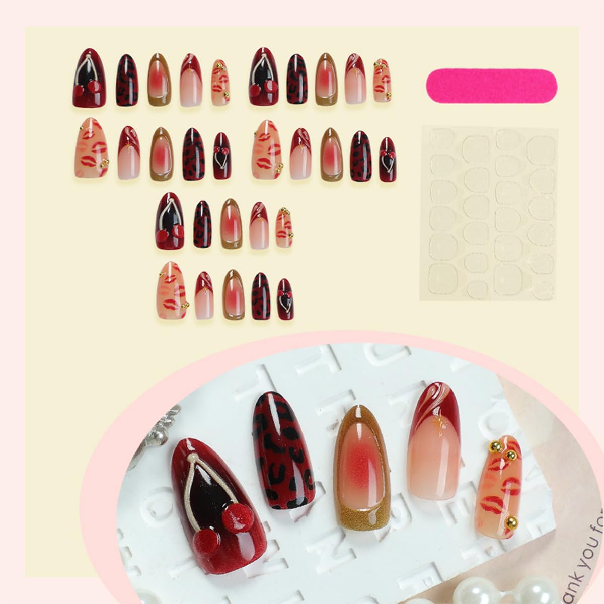 30Pcs Valentines Press on Nails Medium Almond Shape French Tip Fake Nails with 3D Golden Bead Cherry Designs Sexy Red Lips False Nails Red Glossy Acrylic Stick on Nail for Women DIY Manicure Kits