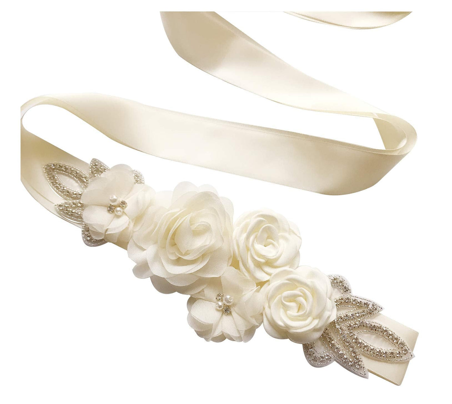 Sash Belt with Flowers Pearls Rhinestone for Wedding Bride/Maternity Baby Shower Dress Bridesmaid Sash,Ivory