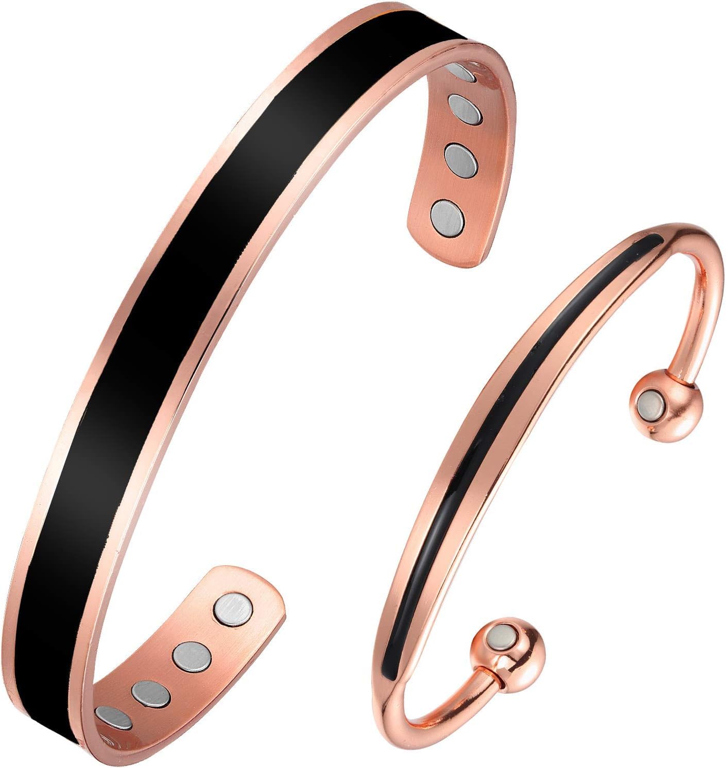 Fashtour Copper Bracelets for Women Men, 99.99% Pure Magnetic Therapy Cuff for Couples, Adjustable 2Pcs Set with 8 Magnets Therapy Cuff Jewelry Gift (COPPER&BLACK)