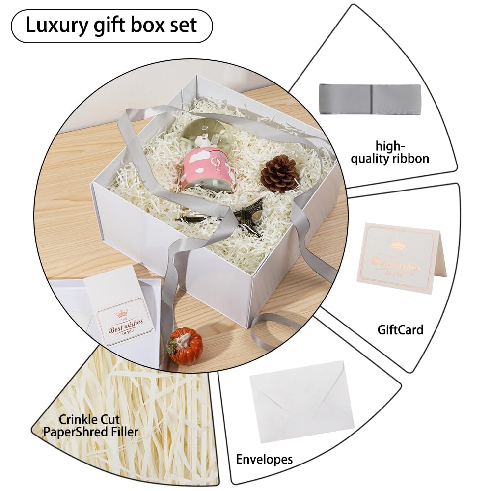 UoeRing 1Pcs White Extra Large gift box with lids 13×13×7 Inches gift boxes for presents,Birthday Box (include Ribbon, Paper Shred Filler Gift Card & Envelopes)