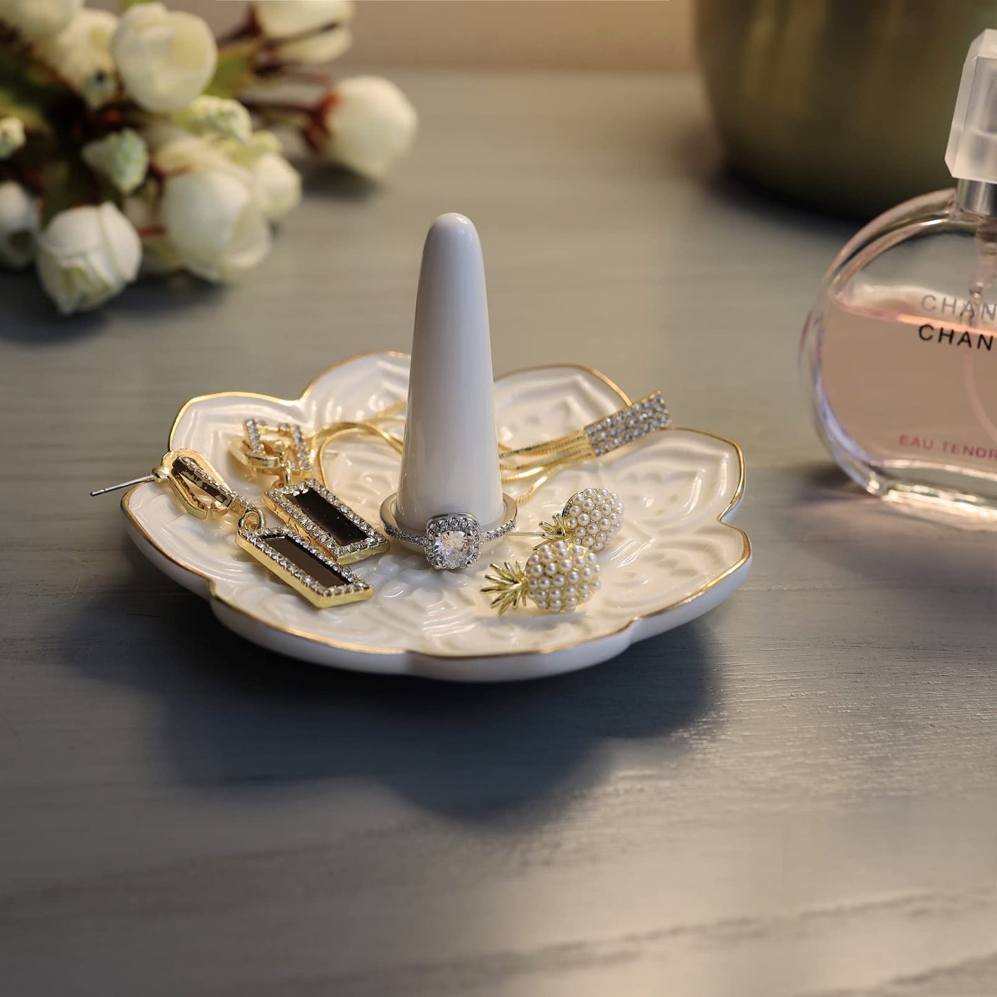 RUIMIC Ceramic White Mandala Jewelry Holder Decorative Ring Holder/Trinket Tray Engagement Wedding Birthday Gifts for Women Her