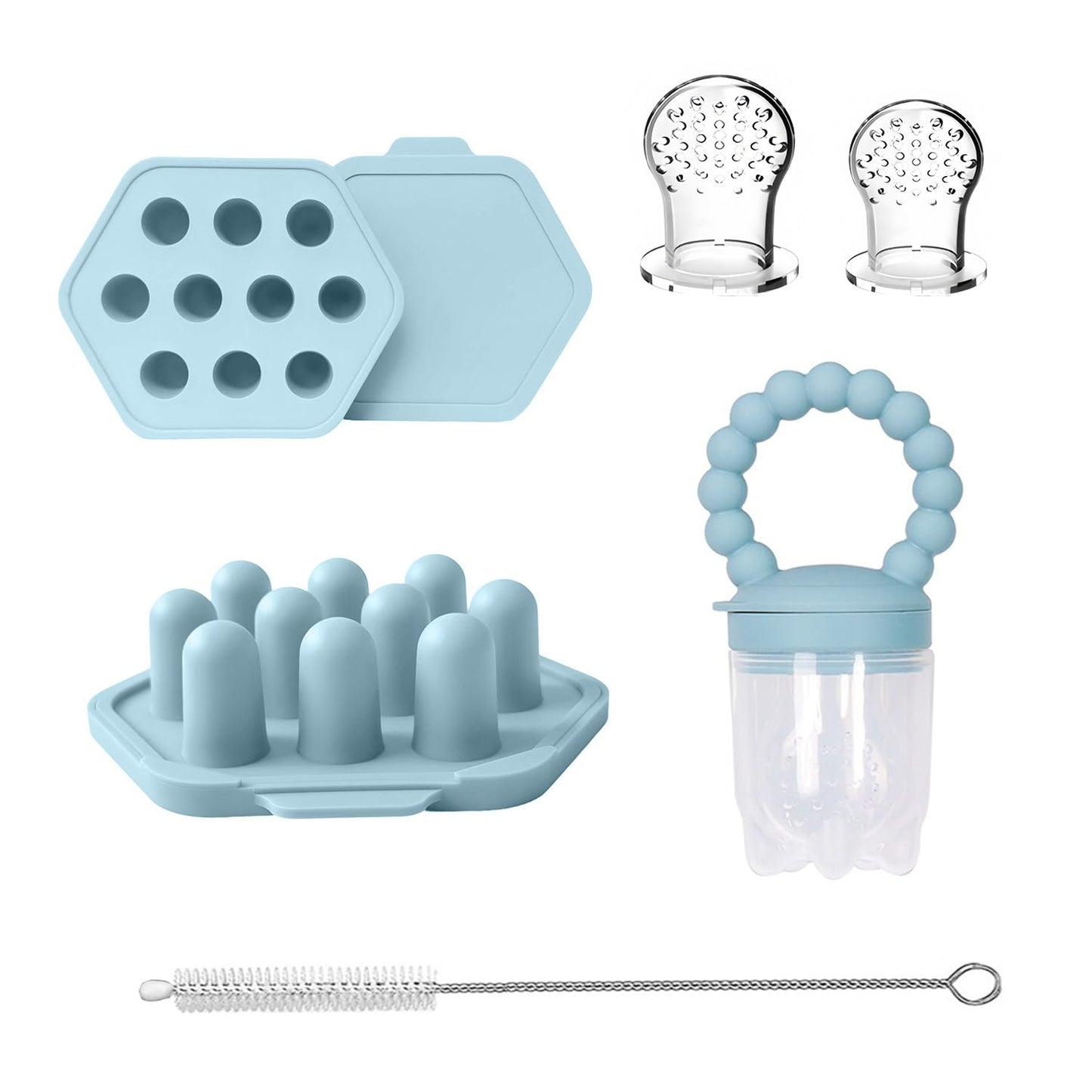 Infant Food Feeder & Silicone Freezer Tray Combo | 2 Size Silicone Baby Fruit Feeders | Weaning Feeder | Teething Relief (Sky)