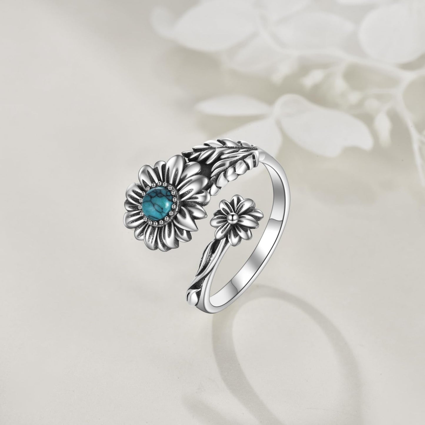 POPLYKE Sterling Silver Turquoise Daisy Spoon Ring Vintage Thumb Rings Boho Adjustable Open Ring Flower Jewelry Gifts for Women