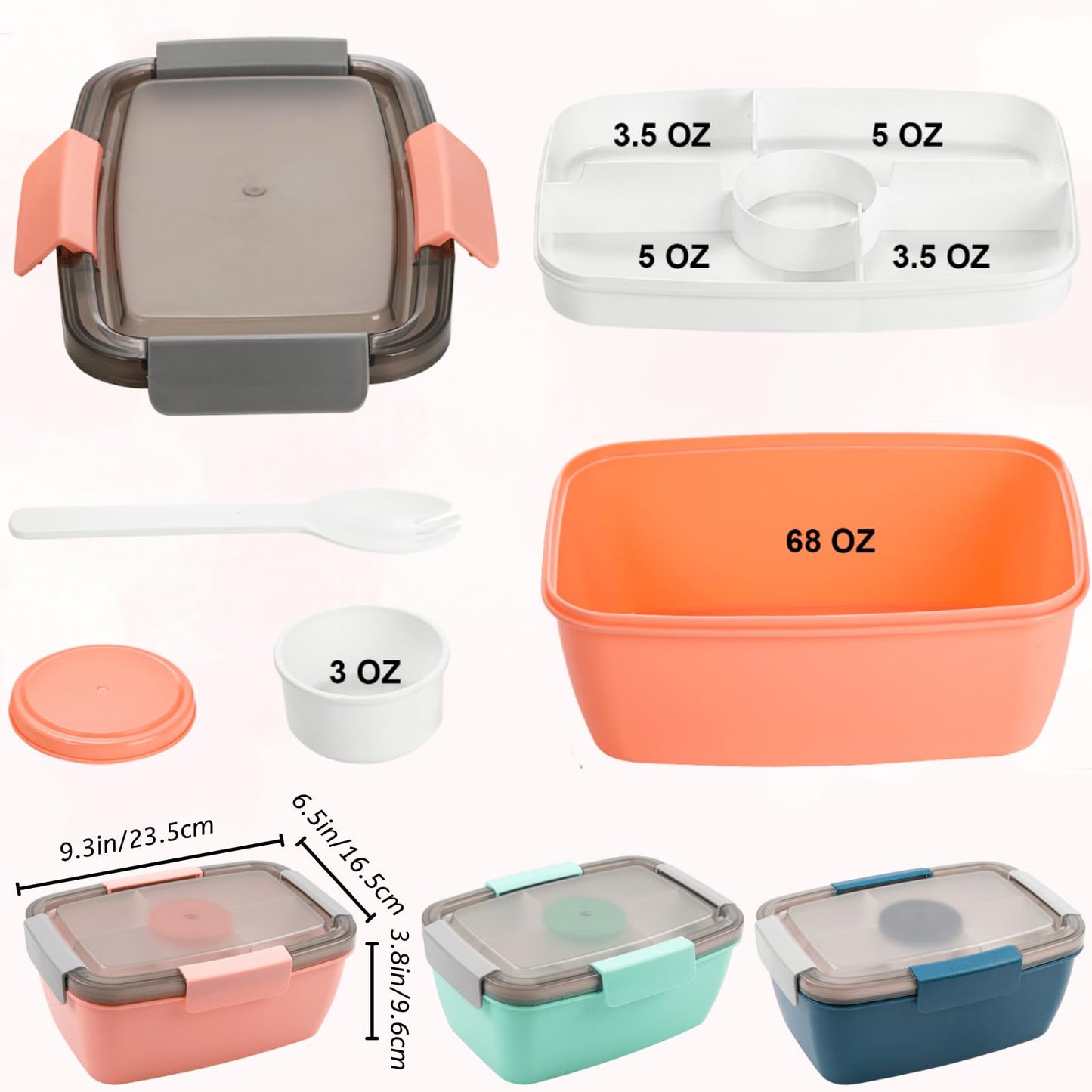 Youeon 3 Pcs 68 Oz Salad Lunch Container with 4 Compartment Tray, Bento Lunch Box with Spoon & Dressing Cup, Leakproof Salad Container for Lunch, Toppings, Snacks, Fruits, BPA-Free