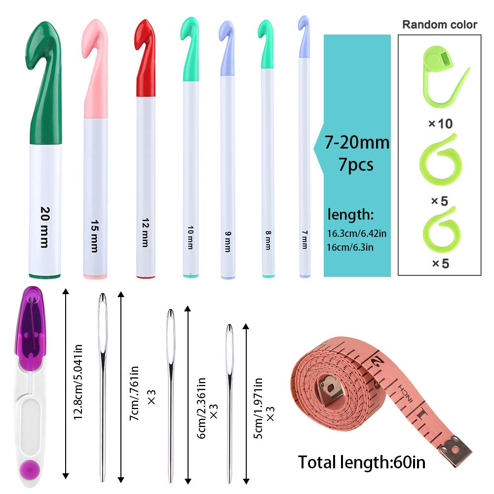 7 Sizes Crochet Hooks Set (7mm-20mm) with 9 Pcs Large-Eye Blunt Needles, Huge Plastic Crochet Hook Crochet, Adjustable Knitting Loop, Extra Large Crochet Hook for Yarn Weaving Craft Tools