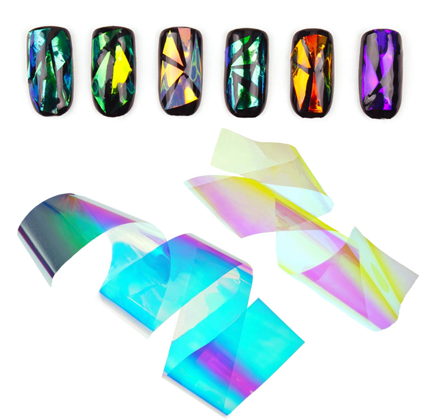 Beaute Galleria 24 Pieces Mixed Colors Nail Art DIY Holographic Shattered Broken-Glass Reflective Mirror Shard Effect Rainbow Thin Iridescent Cellophane Films Foils