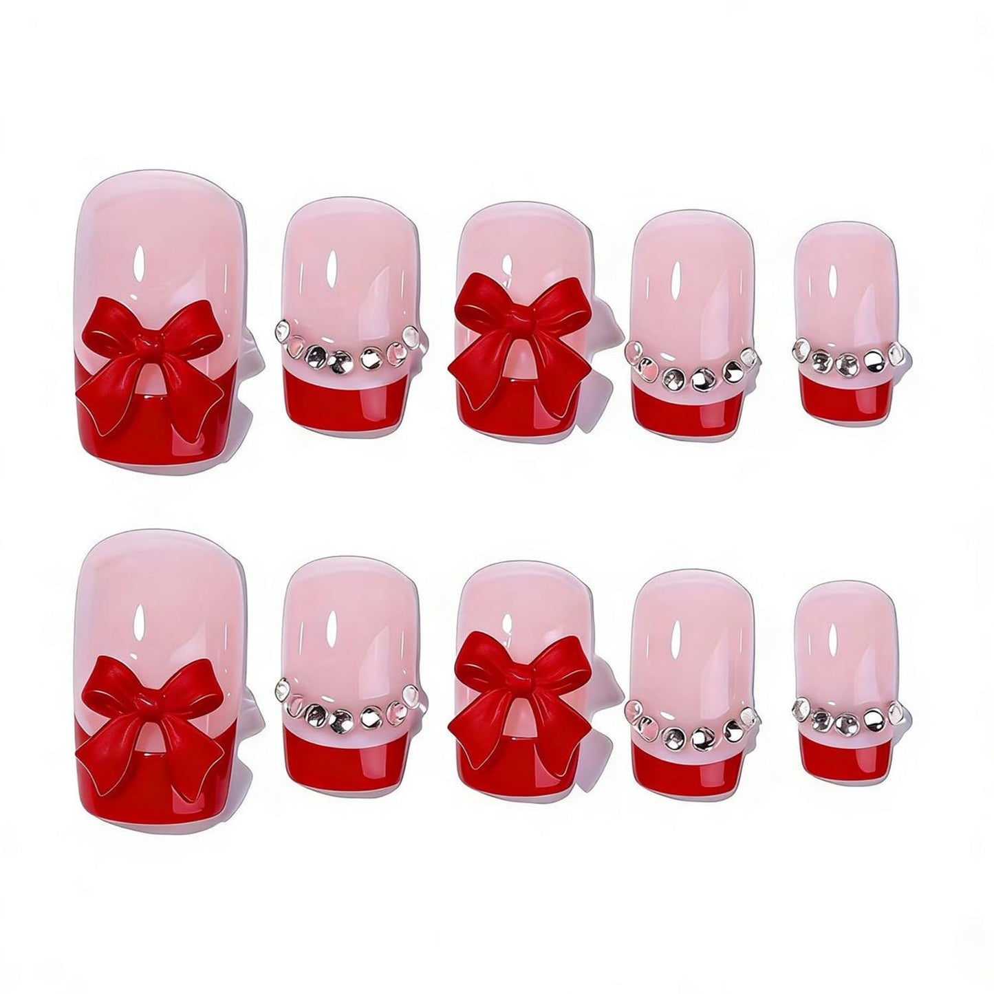 Red French Tip Press on Nails Medium Square Fake Nails with Red Bow Designs Rhinestone Tip Full Cover Stick on Nails Cute Nails Press ons Nude Glossy Artificial False Nails for Women Girls 24Pcs