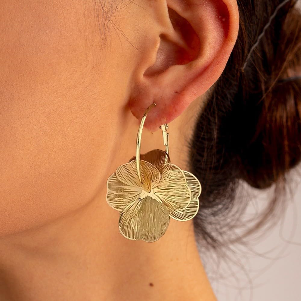 Dangle Flower Earrings for Women Statement Trendy Hoop Earring Floral Drop Earrings Jewelry (Gold)