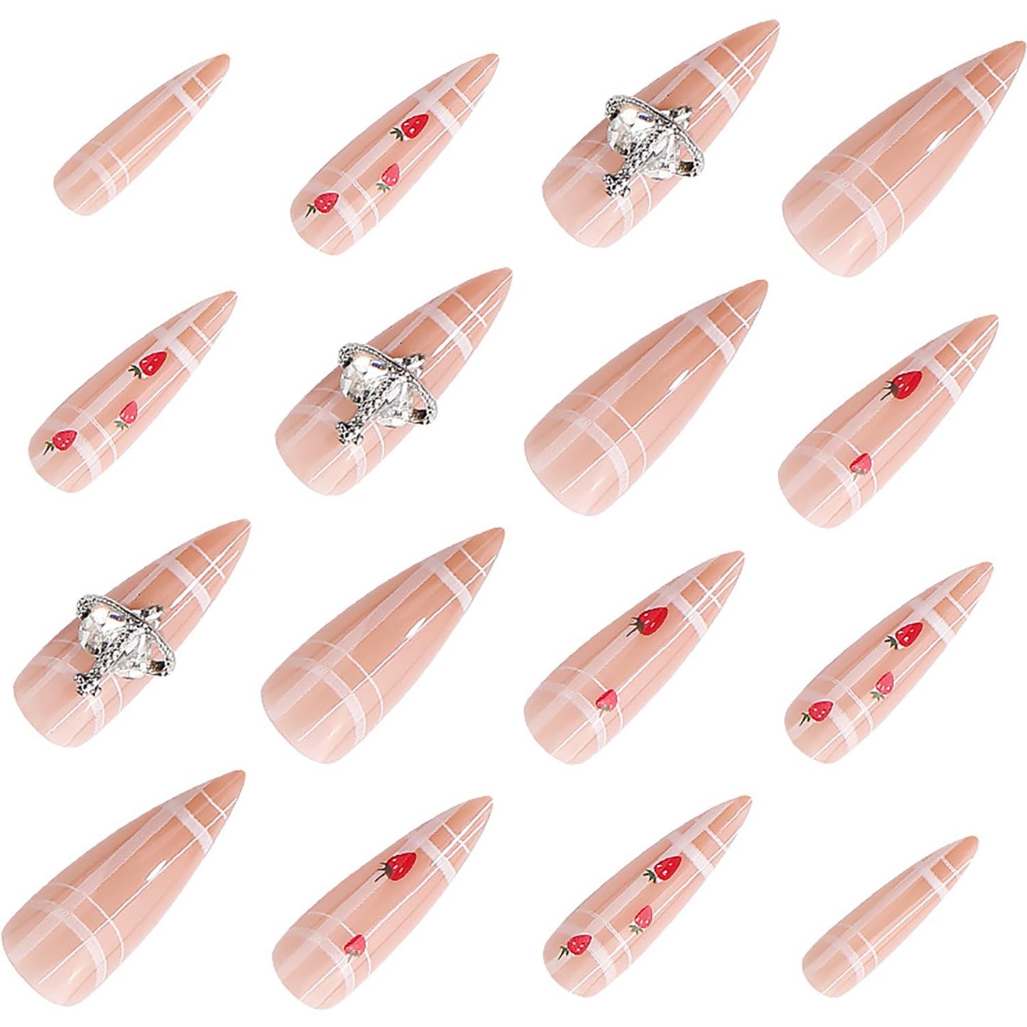 24Pcs Almond Tip Press on Nails Long Length Strawberry Pattern Design Lattice False Nail Silver Rhinestones Stick on Nail Full Cover Glossy Reusable Artificial Acrylic Nail Glue on Nails for Women